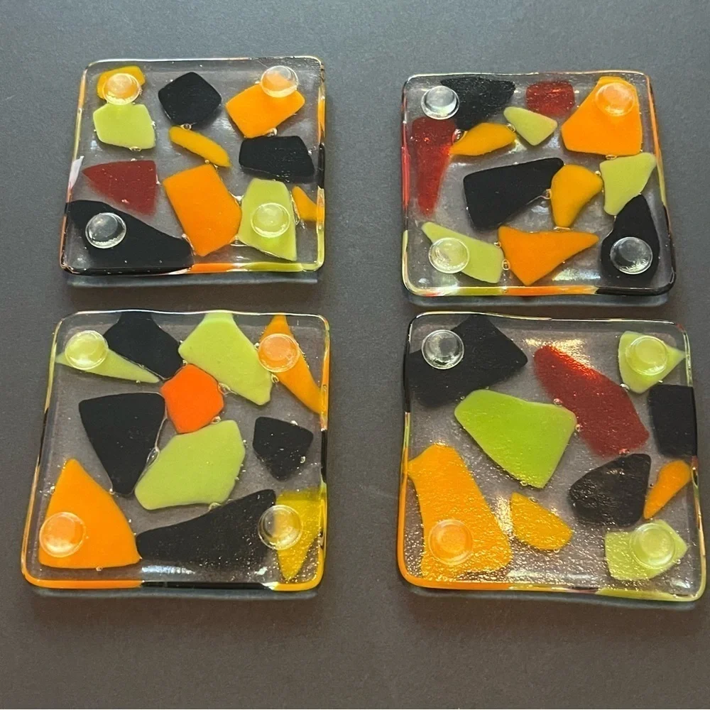 Fused Art Glass Coasters Barware Drink Abstract Geometric Black Orange MCM 4x